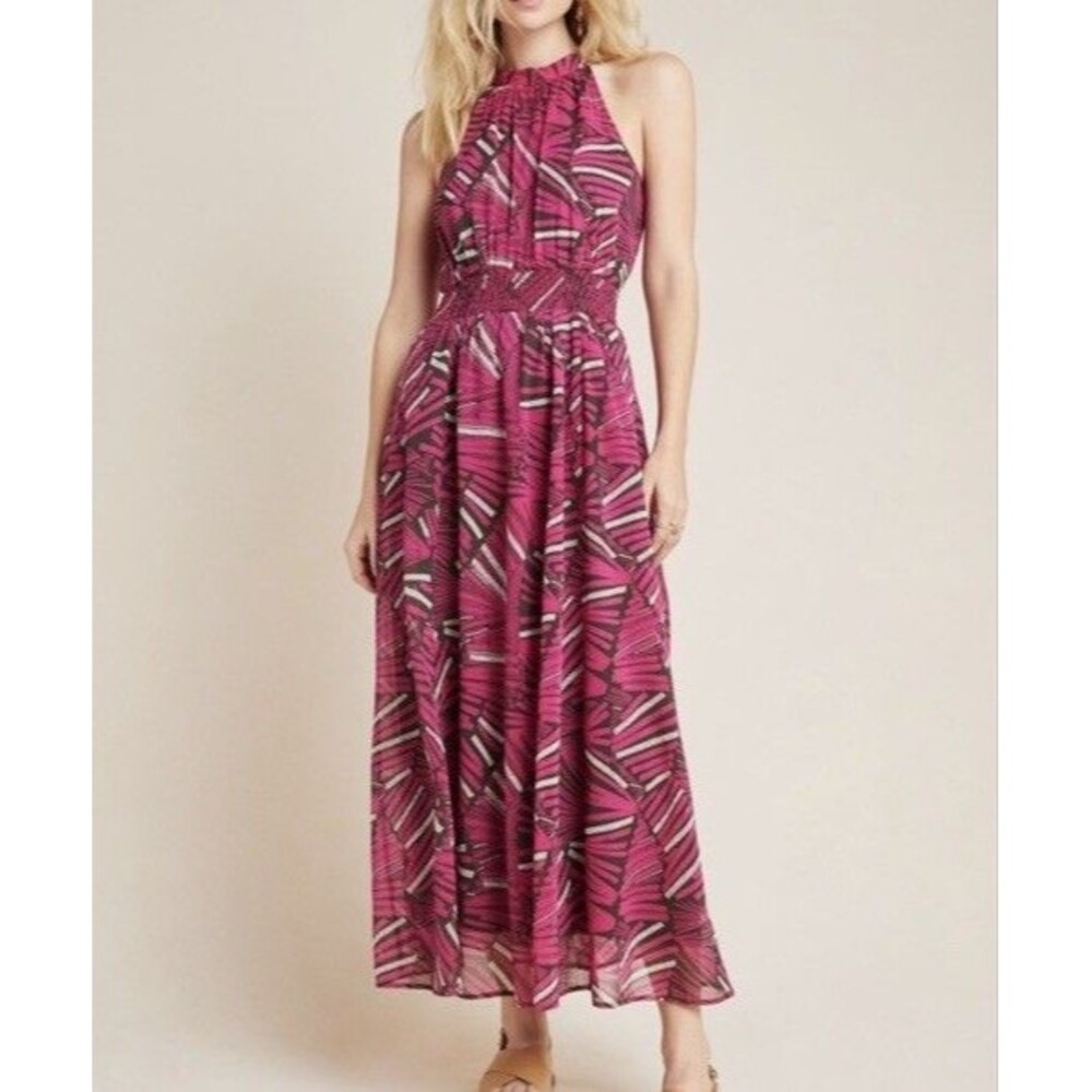 Anthropologie Maeve Kelli Halter Maxi Dress Pink Printed Smocked Waist Size Med